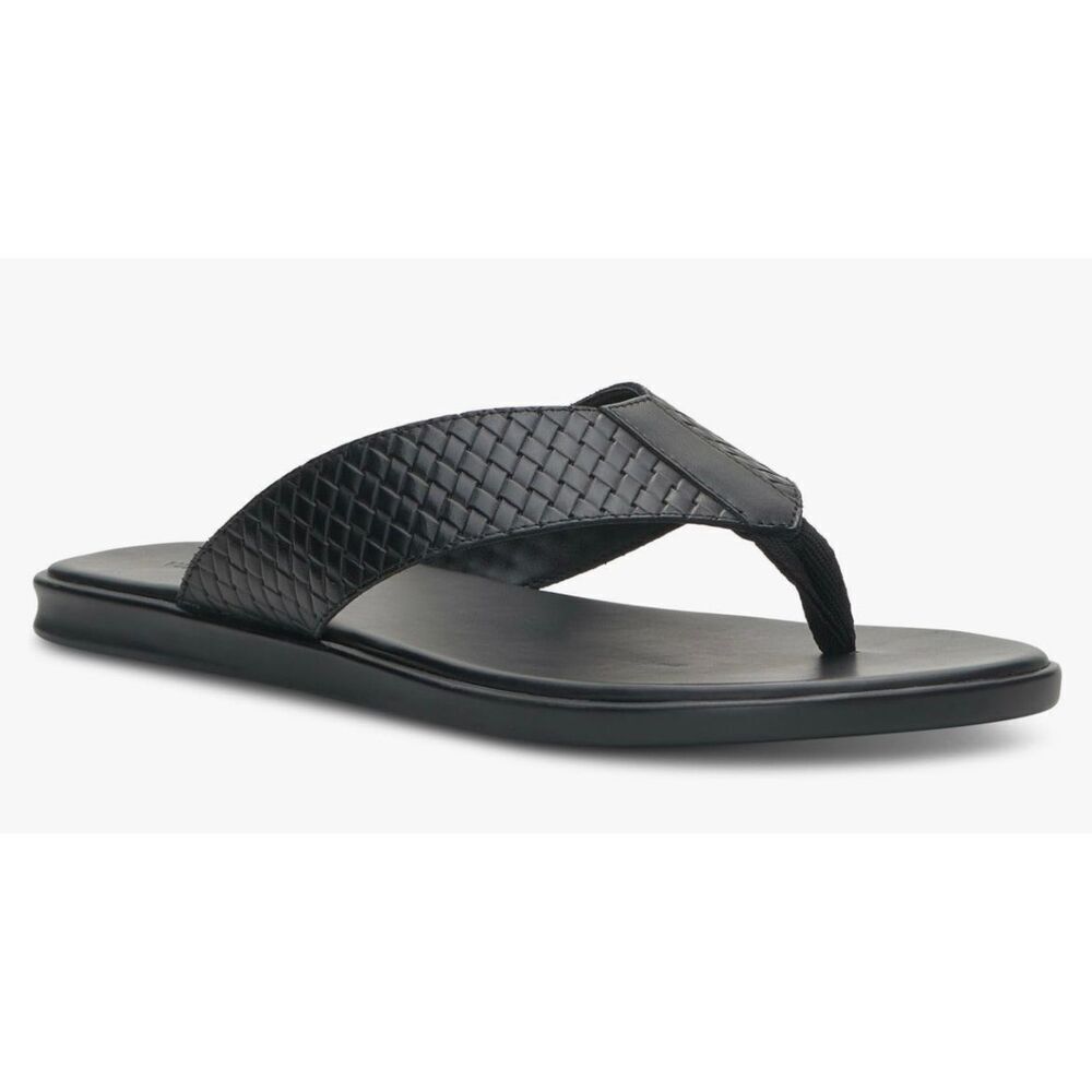 Vince Camuto Mens Black Woven Padded Waylyn Open Toe Slip On Leather Sandals